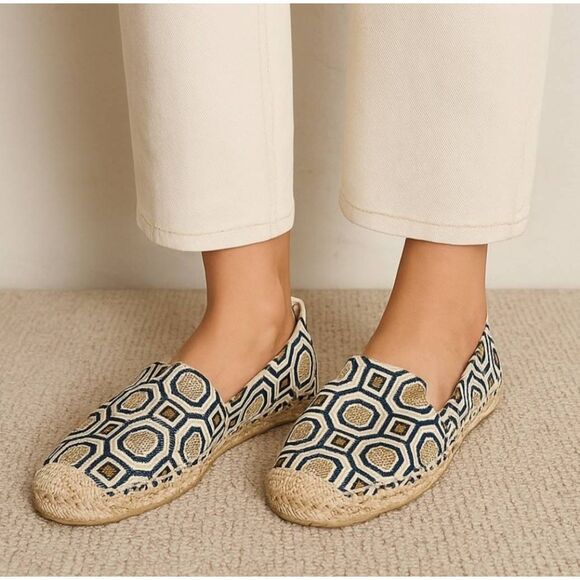 Tory Burch Cecily Embellished Espadrille Flats Sz 9.5 Tan Canvas Sequin Rattan - Picture 1 of 10